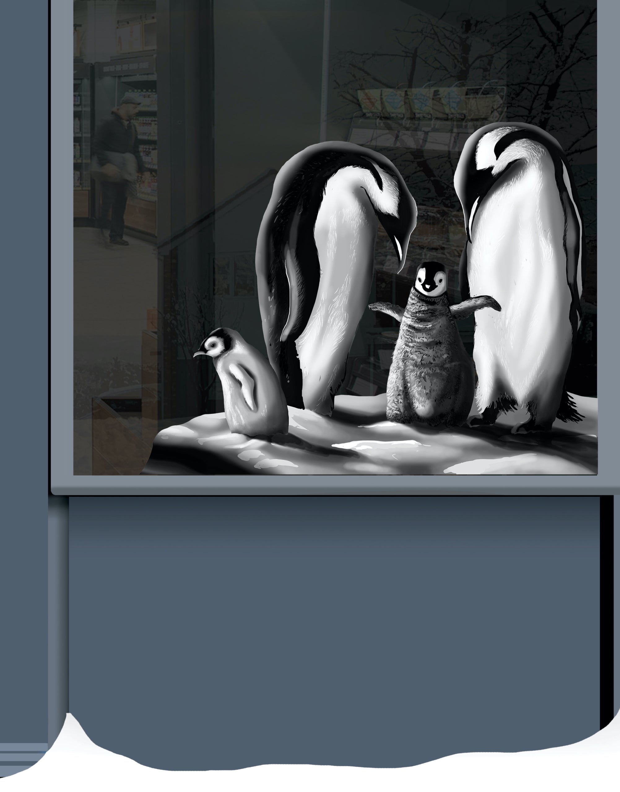 Snow window art, bespoke snow spray installations, snow spray stencils, Christmas window art, Christmas window decoration with snow spray, snow spray art number 1 snow spray artist number 1 window art easy to remove snow spray art sustainable window stencils reusable window stencils snow window